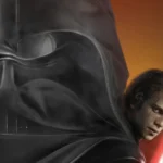 Star Wars poster with a giant Darth Vader helmet and a young man with a red lightsaber
