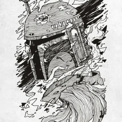 Black ink drawing of a Boba Fett style helmet with wavy lines