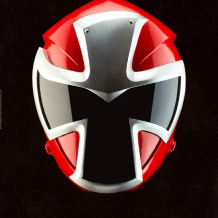 Red Power Rangers helmet with a silver-edged cross-shaped visor on a black background