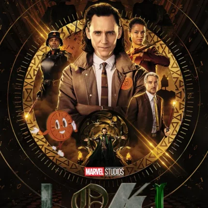 Loki series poster with the cast inside a golden circle and the Loki logo at the bottom