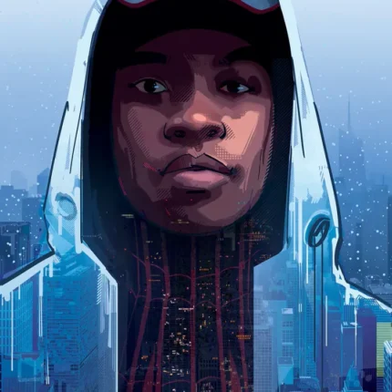 Portrait of a young man in a white hood and black red suit before a blue city skyline