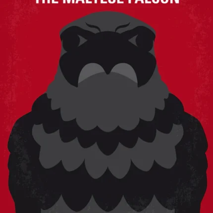 The Maltese Falcon poster with a large black stylized falcon on a deep red background