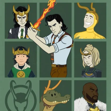Green grid poster of cartoon Loki with a flaming sword, horned variants and an alligator, Loki emblem at left