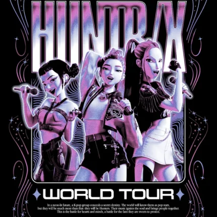 Pink and purple Huntrx World Tour concert poster with three animated singers