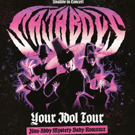 Saja Boys Your Idol Tour poster with pink glowing lettering and silhouettes