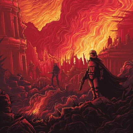 Star Wars The Force Awakens poster with armored figures on rubble before towering orange flames