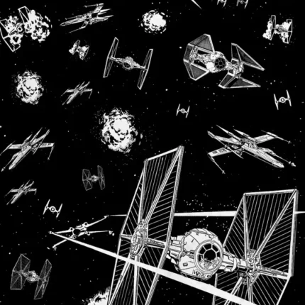 White line drawings of TIE Fighters and X-wings battling on black