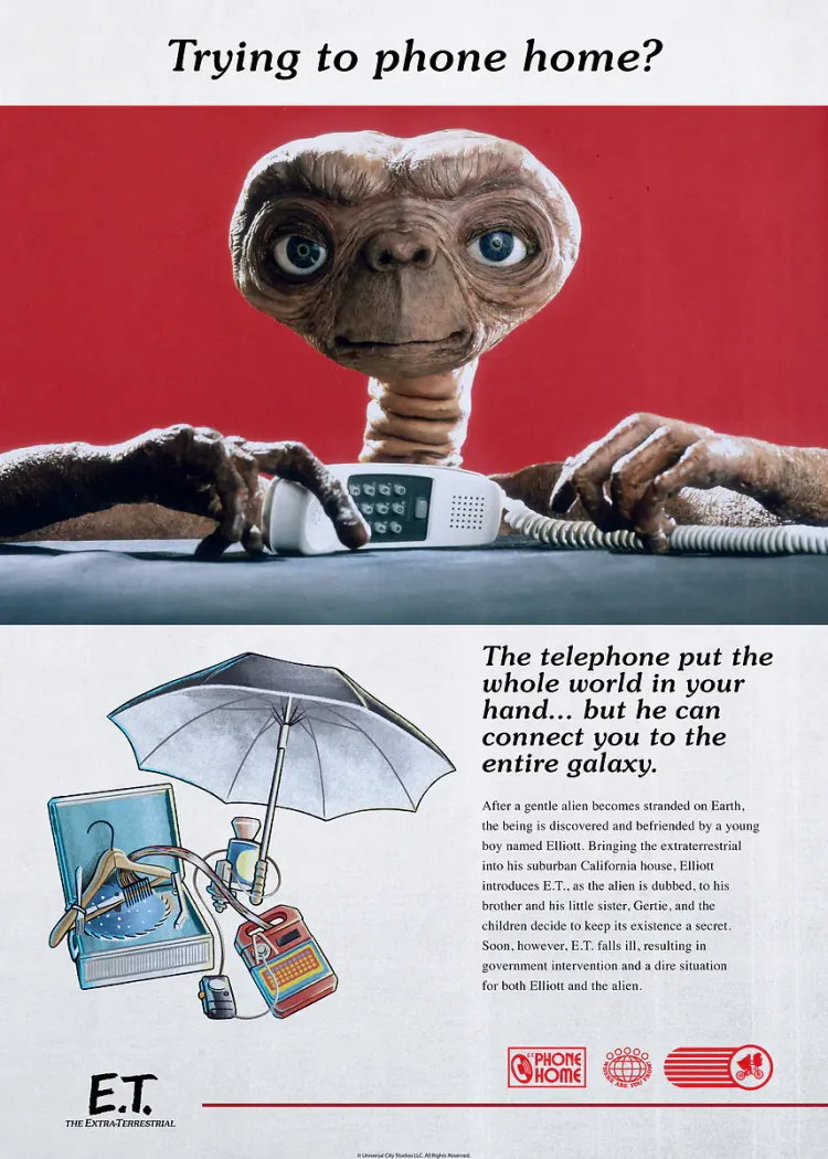 E.T. Phone Home Vintage Ad Style Retro Movie Poster Print E.T. with a telephone under the headline Trying to phone home in a vintage ad layout