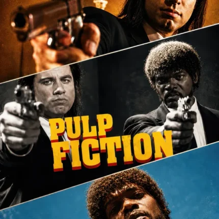 Pulp Fiction poster with three panels of men in suits aiming pistols