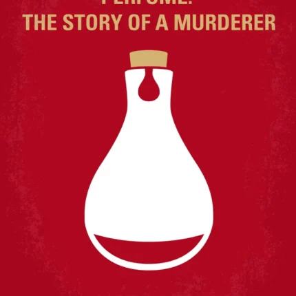 Perfume poster with a white flask and cork stopper on red background