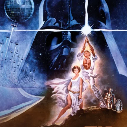 Blue Star Wars poster with a raised lightsaber, Darth Vader silhouette and Death Star