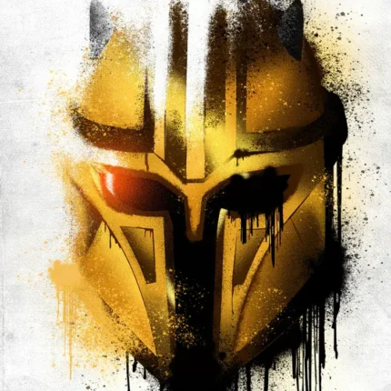 Golden Mandalorian helmet with red visor glow and black paint drips on a white background