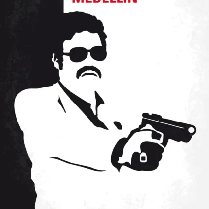 Medellin poster of a mustached man in sunglasses aiming a pistol