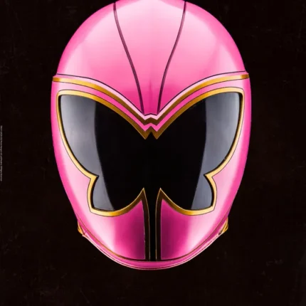 Pink Power Rangers helmet with a dark butterfly-shaped visor on a black background