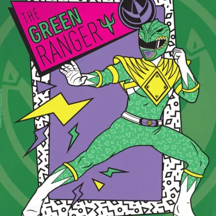 Retro pop-art Green Power Ranger posing in a patterned frame with The Green Ranger banner