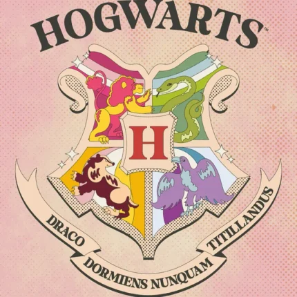 Hogwarts crest with four house animals and Latin motto on a pink background