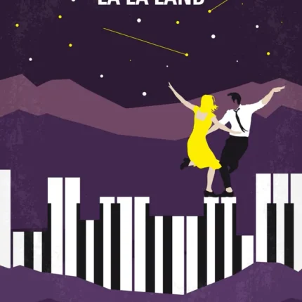 La La Land poster with couple dancing on piano keys under purple stars