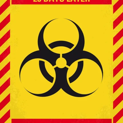 Yellow minimalist poster with a black biohazard symbol and the title 28 Days Later