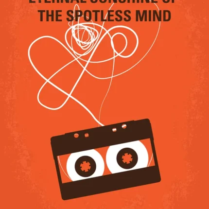 Eternal Sunshine poster with cassette tape and looping ribbon on orange