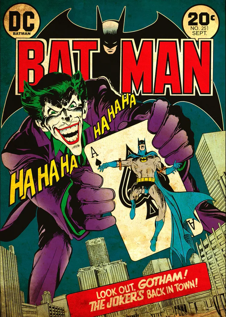 Batman Joker Laughing Vintage Comic Cover Wall Poster Vintage Batman comic cover with a laughing Joker holding a playing card with Batman over Gotham