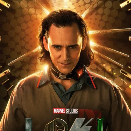 Dark-haired man in brown uniform before a golden clock pattern and the Loki title
