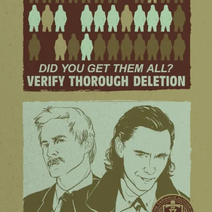 Olive retro poster of two men in ties under rows of figures and the text Verify thorough deletion