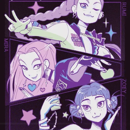 Huntrix characters Rumi, Mira and Zoey in purple comic panels with stars