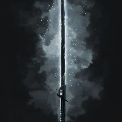 Darksaber black-bladed lightsaber in gray smoke with DARKSABER text below