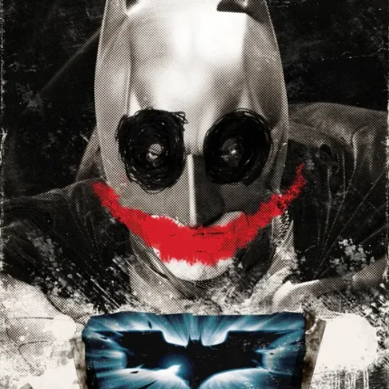 Batman cowl with painted red Joker smile above a bat logo and the text The Dark Knight