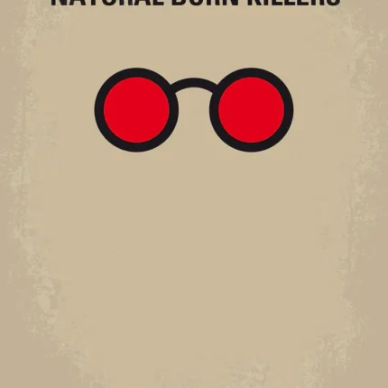 Natural Born Killers poster with round red-lensed glasses on beige