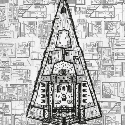 Wedge-shaped Star Destroyer drawing over a grey technical blueprint background
