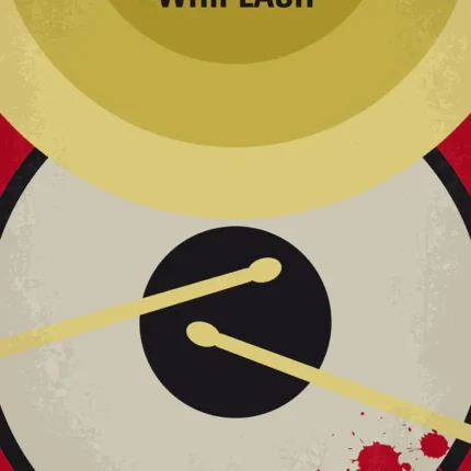 Whiplash poster with gold cymbal, drum, sticks and red splatter