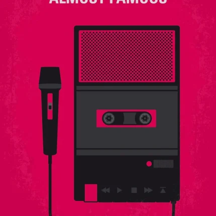Almost Famous poster with a black cassette recorder and microphone on a hot pink background