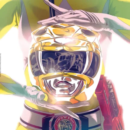 Hands holding a glossy yellow Power Ranger helmet above a belt buckle on a yellow suit