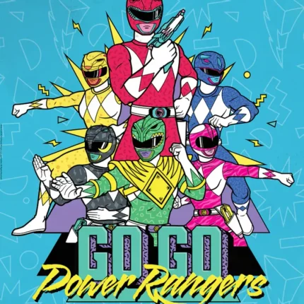 Six retro cartoon Power Rangers posing as a team above the words Go Go Power Rangers