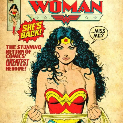 Retro Wonder Woman comic cover with a golden lasso and the caption She's Back