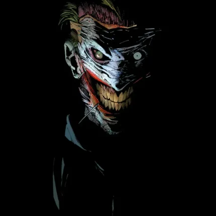 Dark comic portrait of the Joker's scarred grinning face on black