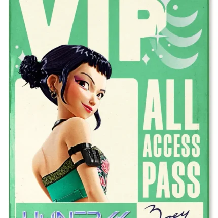Green VIP All Access Pass with animated girl and Huntrx World Tour logo with Zoey signature