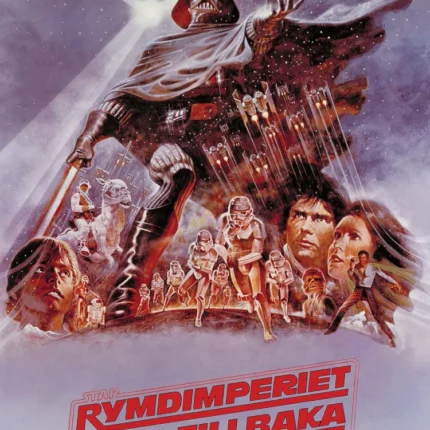 Swedish Empire Strikes Back poster with Darth Vader above a city and heroes