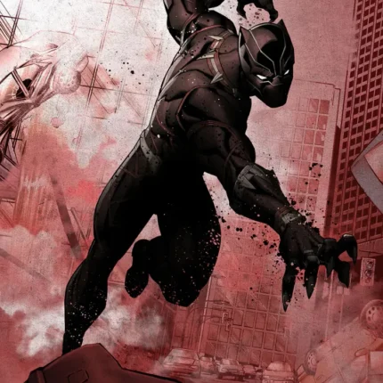 Black Panther leaping in mid-air over a red hazy city