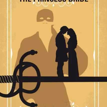 The Princess Bride poster with a rapier, a masked silhouette and an embracing couple on gold