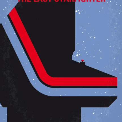 Minimalist The Last Starfighter poster with black and red shapes on a starry blue background