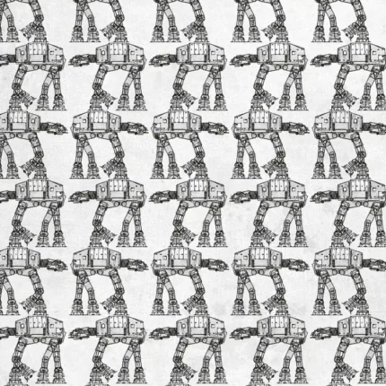 Repeating black and white sketch pattern of Star Wars AT-AT walkers