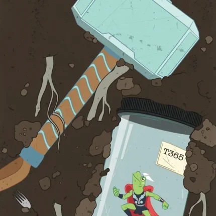 Large hammer in soil beside a glass jar labeled T368 containing a tiny frog in a red cape
