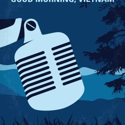 Good Morning Vietnam poster with a large blue vintage microphone and tree branches