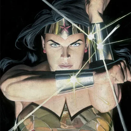 Wonder Woman crossing her silver bracelets with sparks of light on a black background