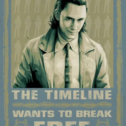 Retro blue poster of a dark-haired man in a trench coat with the text The timeline wants to break free
