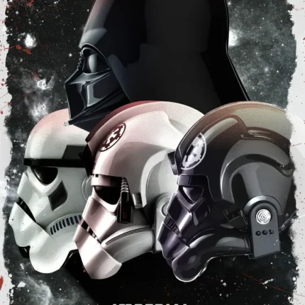 Darth Vader, Stormtrooper and pilot helmets above the text 'Imperial Forces'