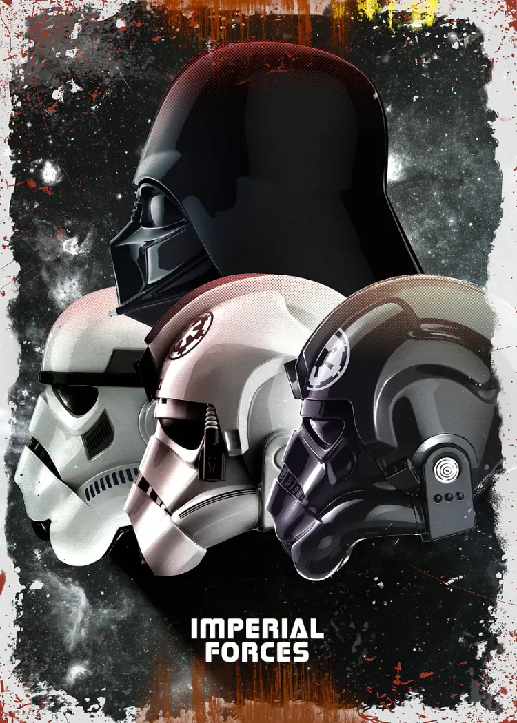 Star Wars Imperial Forces Helmets Darth Vader and Troopers Poster Darth Vader, Stormtrooper and pilot helmets above the text 'Imperial Forces'
