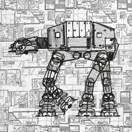 AT-AT walker line drawing over a technical blueprint style background